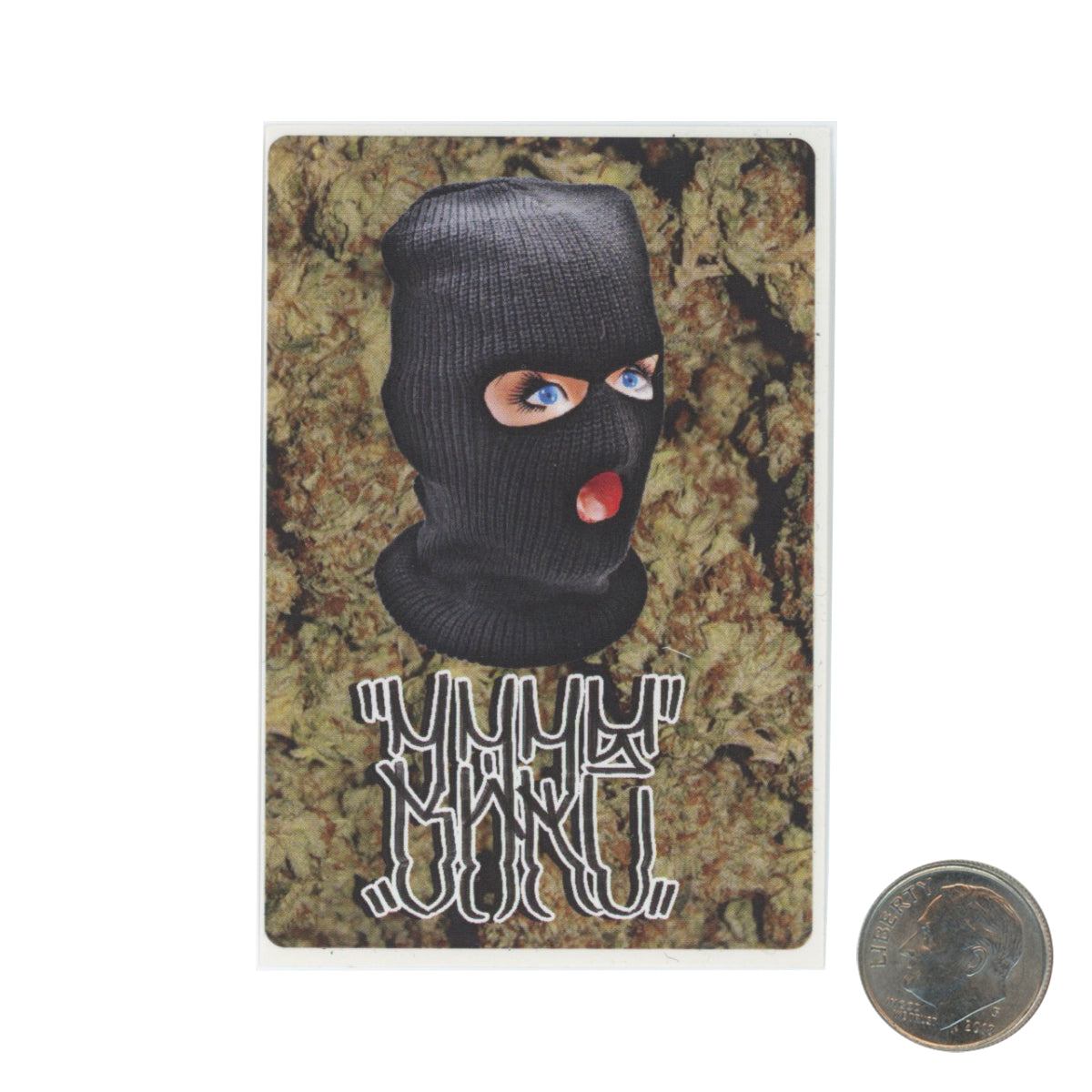 BareOne Girl in Mask and Cannabis Sticker with dime