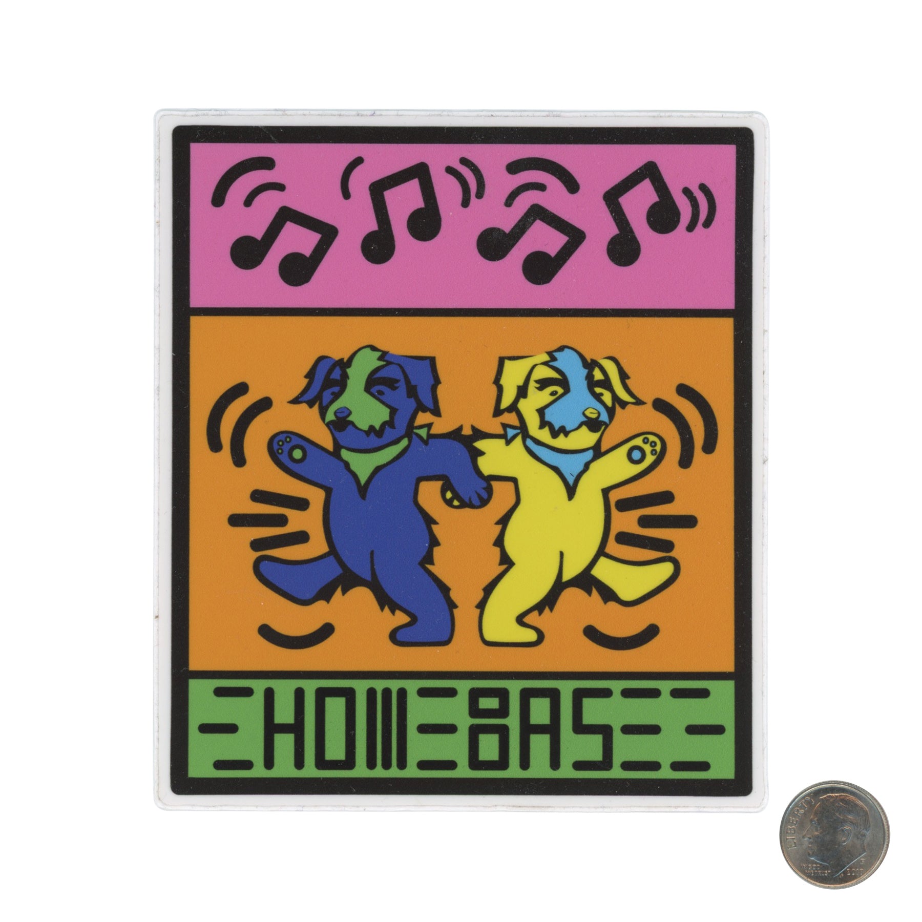 Homebase Dancing Dog Blue Yellow Sticker with dime