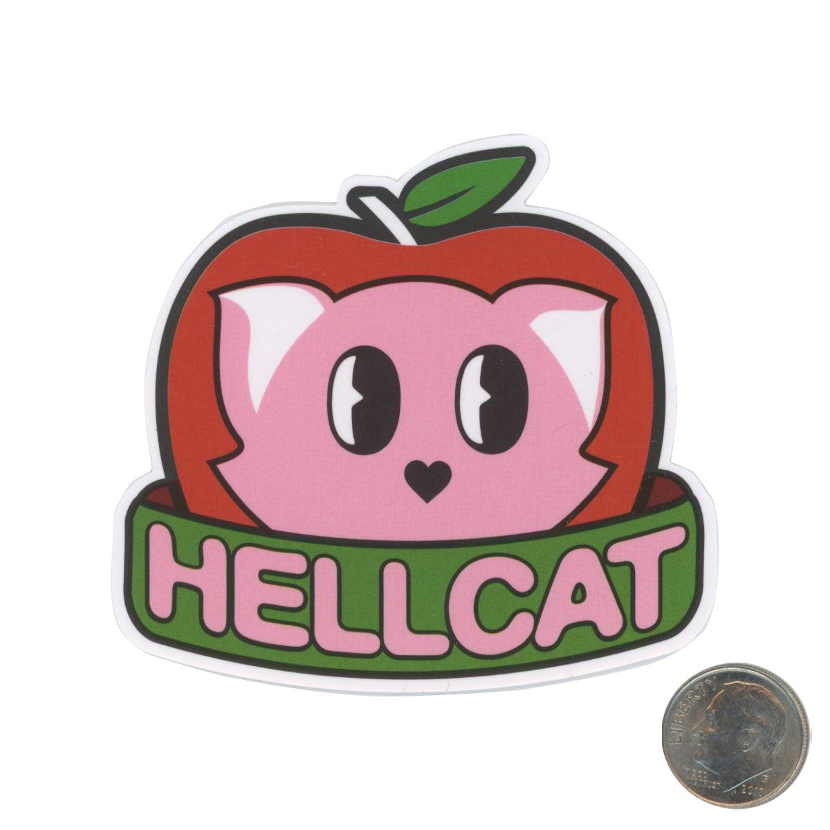 Hellcat Pink Cat Apple Sticker with dime