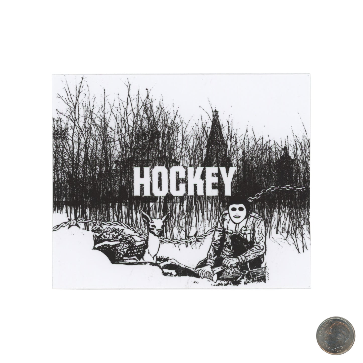 Hockey Man & Deer Black White Sticker with dime