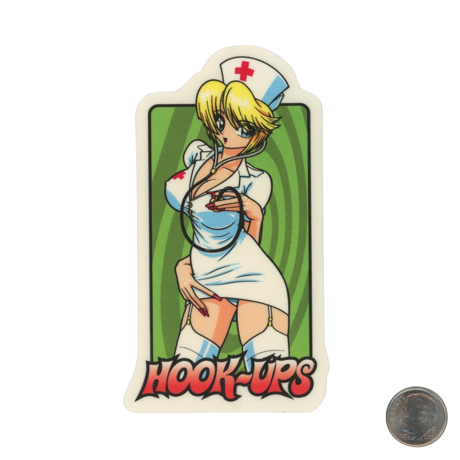 Hook Ups Skateboards Nurse W/ Stethoscope White Sticker with dime
