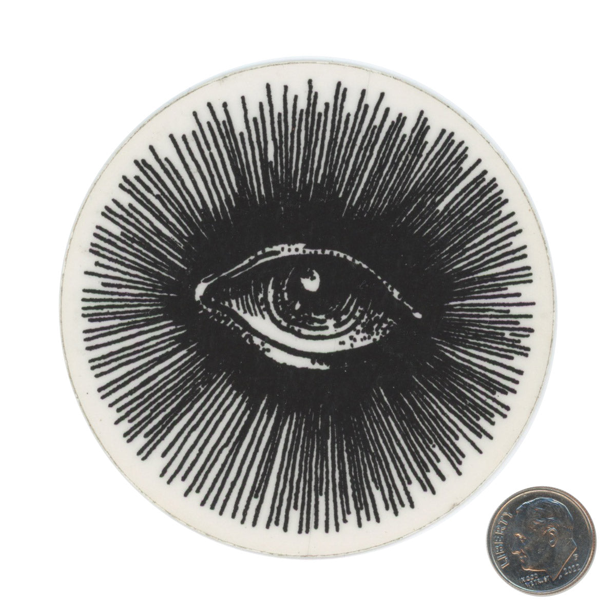 The Hunt NYC Eye Logo Black and White Sticker Large 2 with dime