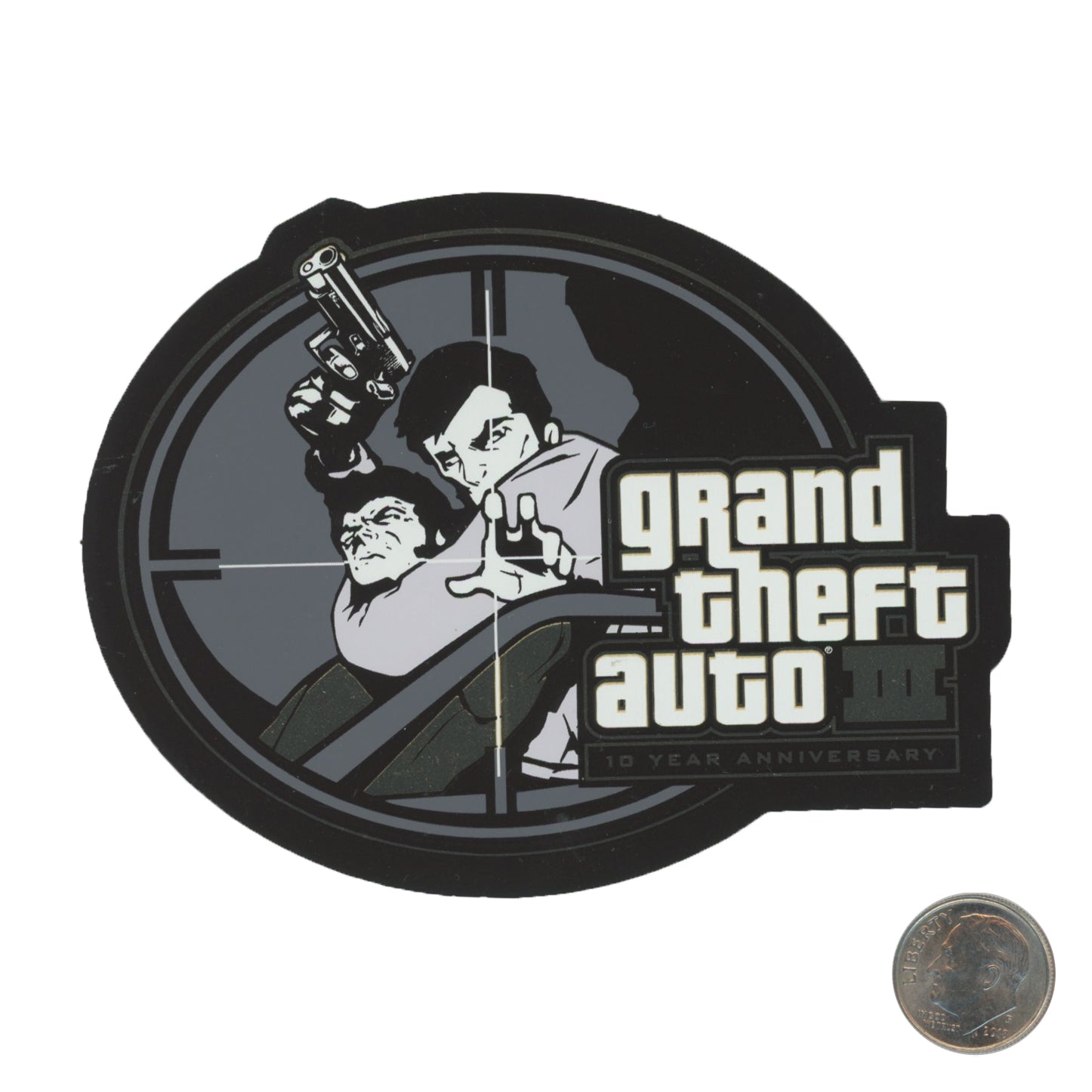 GTA III 10th Year Anniversary Claude Sticker with dime