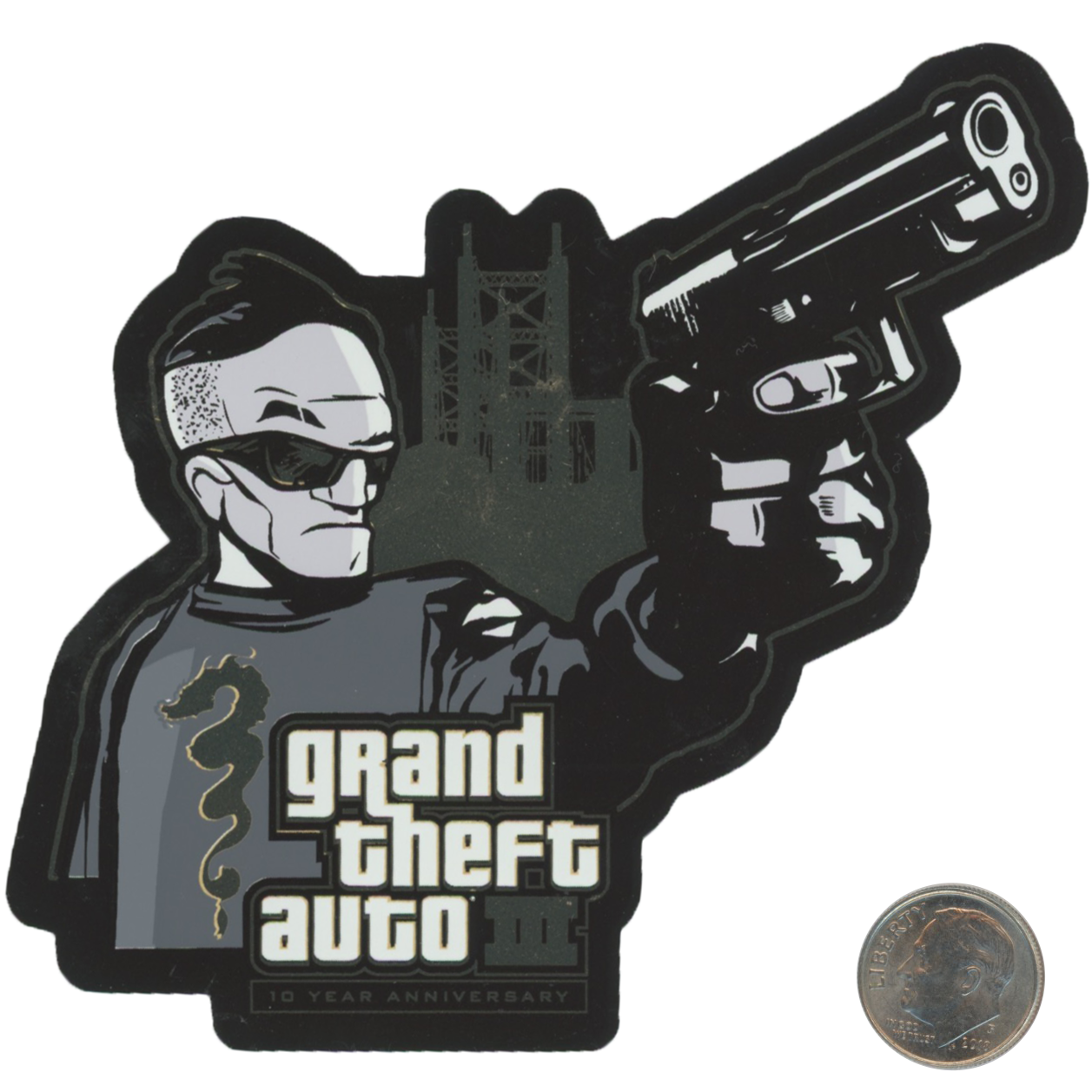 GTA III 10th Year Anniversary Pistol Sticker with dime