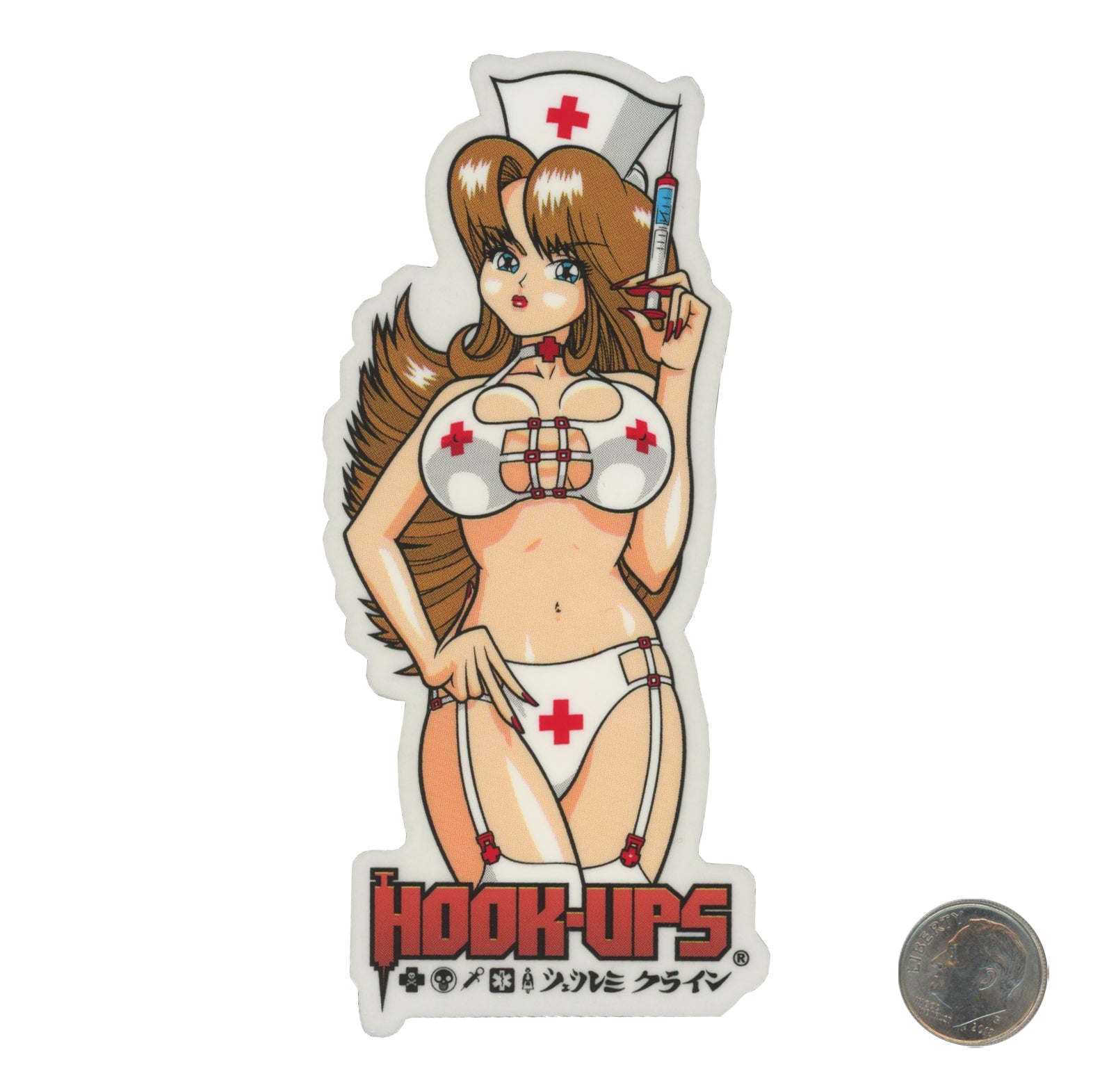 Hook Ups Skateboards Bikini Nurse W/ Syringe Sticker with dime