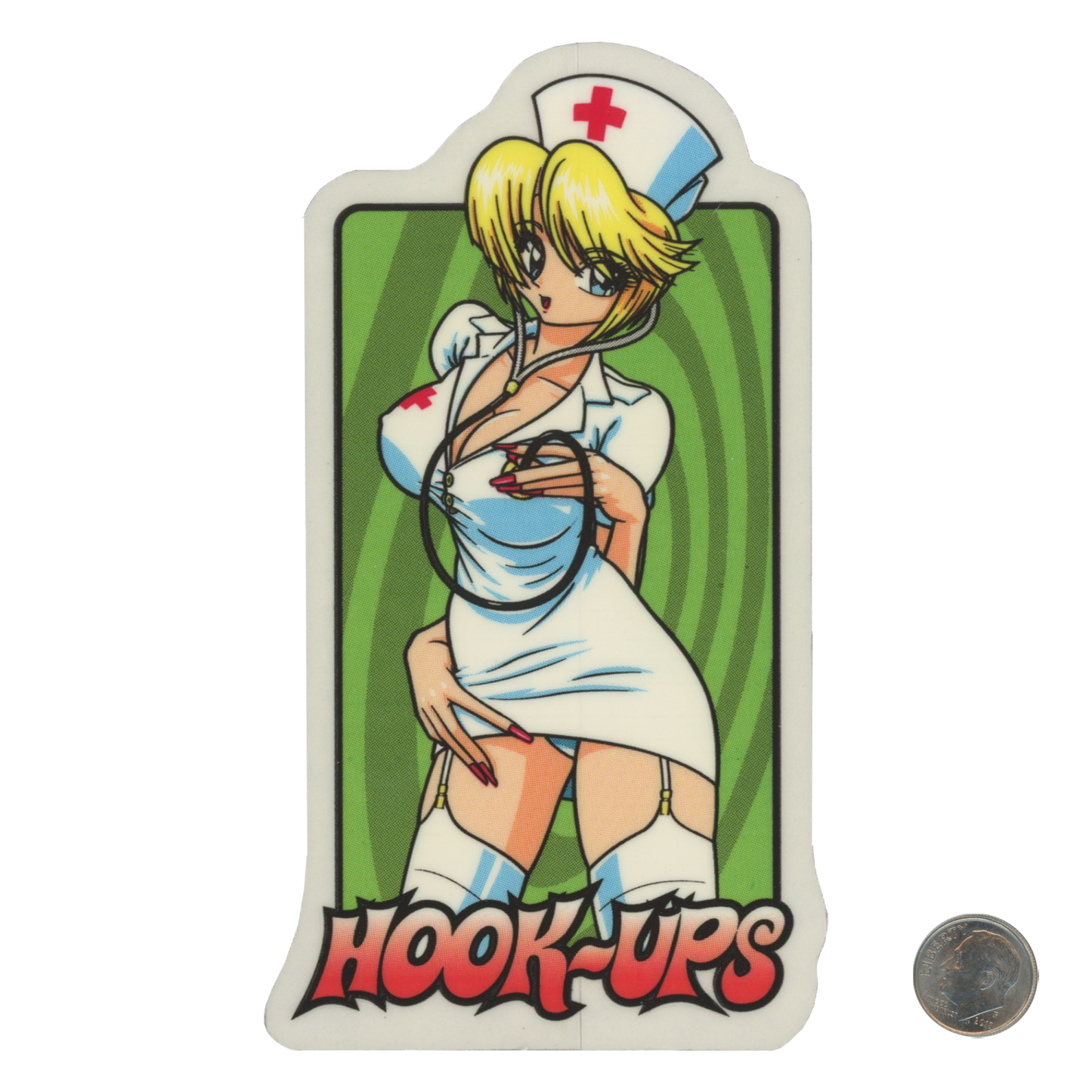 Hook Ups Skateboards Blonde Nurse With Stethoscope Sticker with dime