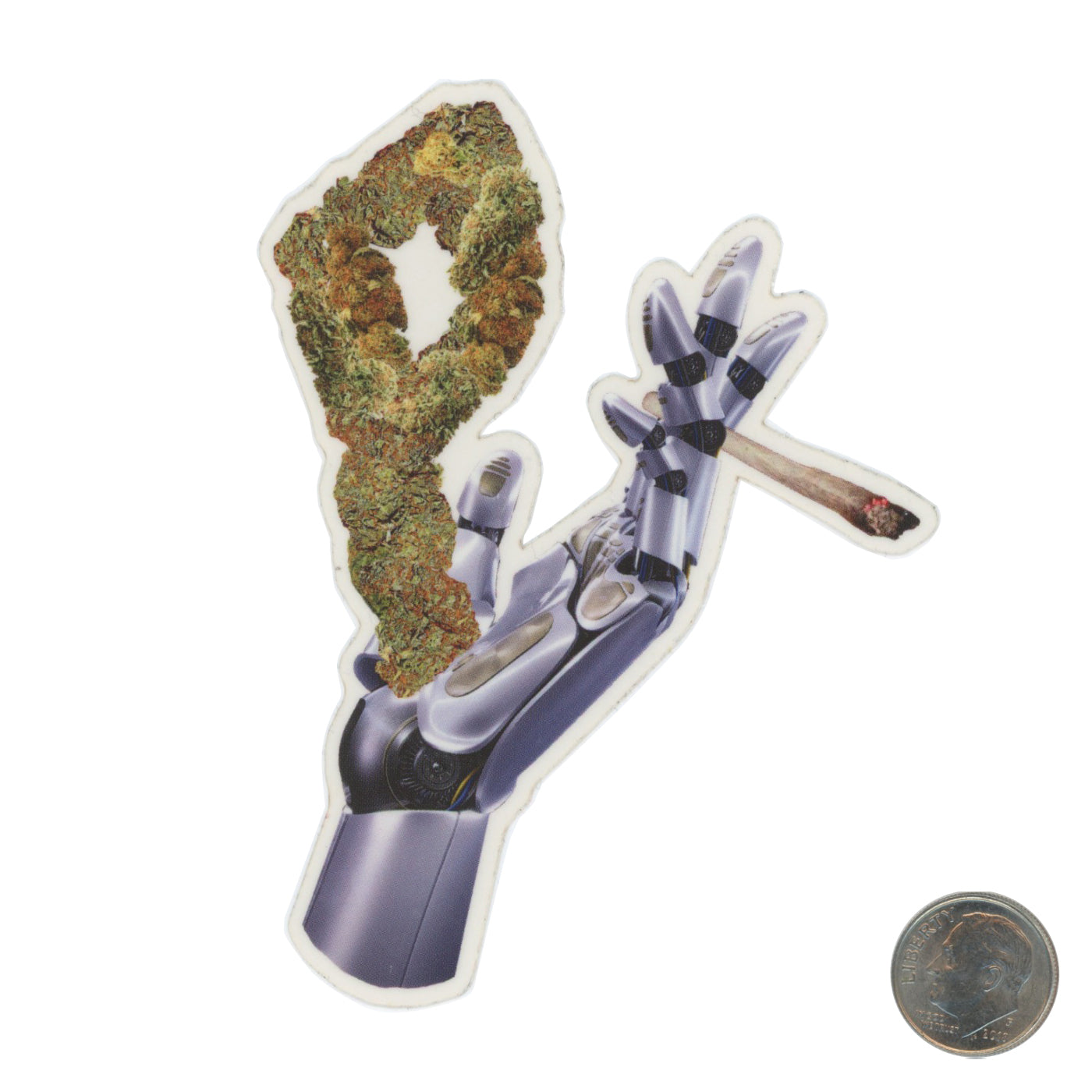 Bareone Cannabis in Prosthetic Hand Sticker with dime