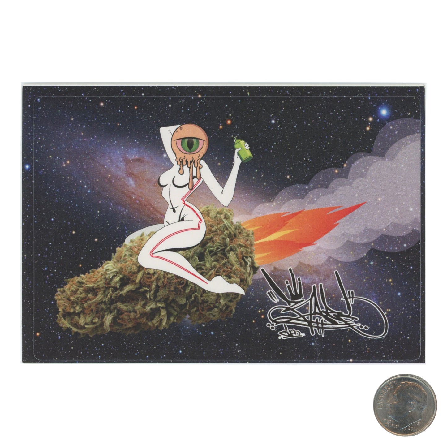 BareOne Cannabis in Space Sticker with dime