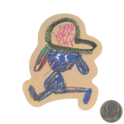 Jon Burgerman&nbsp;New York City hat&nbsp;crayon character sticker with dime