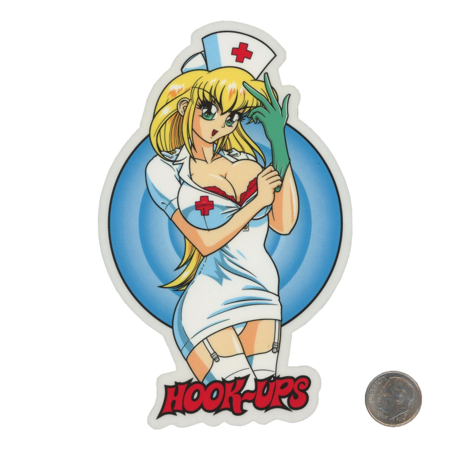 Hook Ups Skateboards Blonde Nurse Blue Sticker with dime