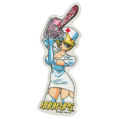 Hook Ups Skateboards Blonde Nurse W/ Chainsaw Sticker