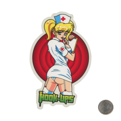 Hook Ups Skateboards Blonde Nurse W/ Clipboard Sticker with dime
