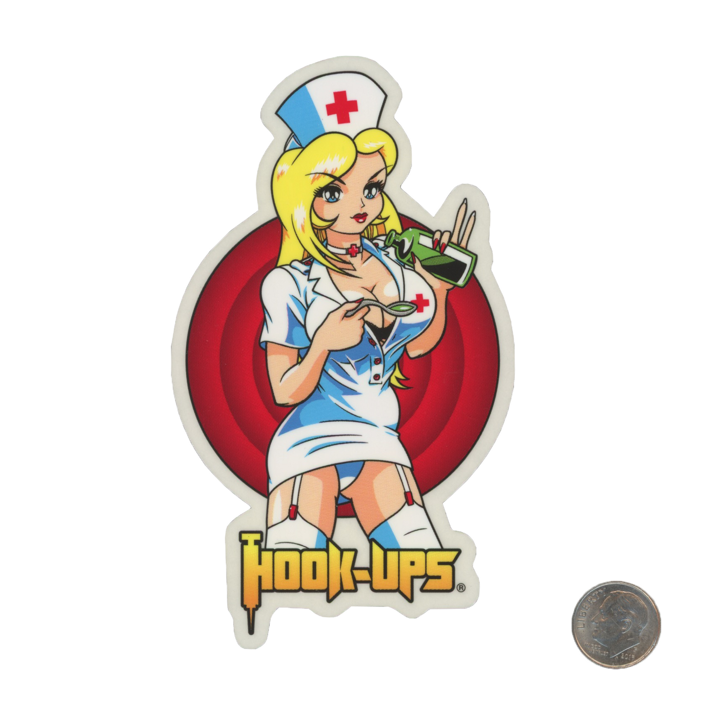 Hook Ups Skateboards Blonde Nurse W/ Medicine Sticker with dime